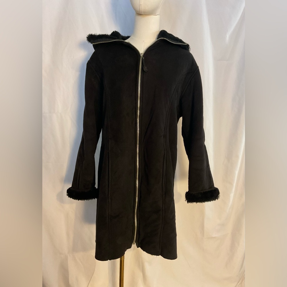 Nils 3/4 Length Hooded Black Coat W/Black Faux Fur Trim Size Medium